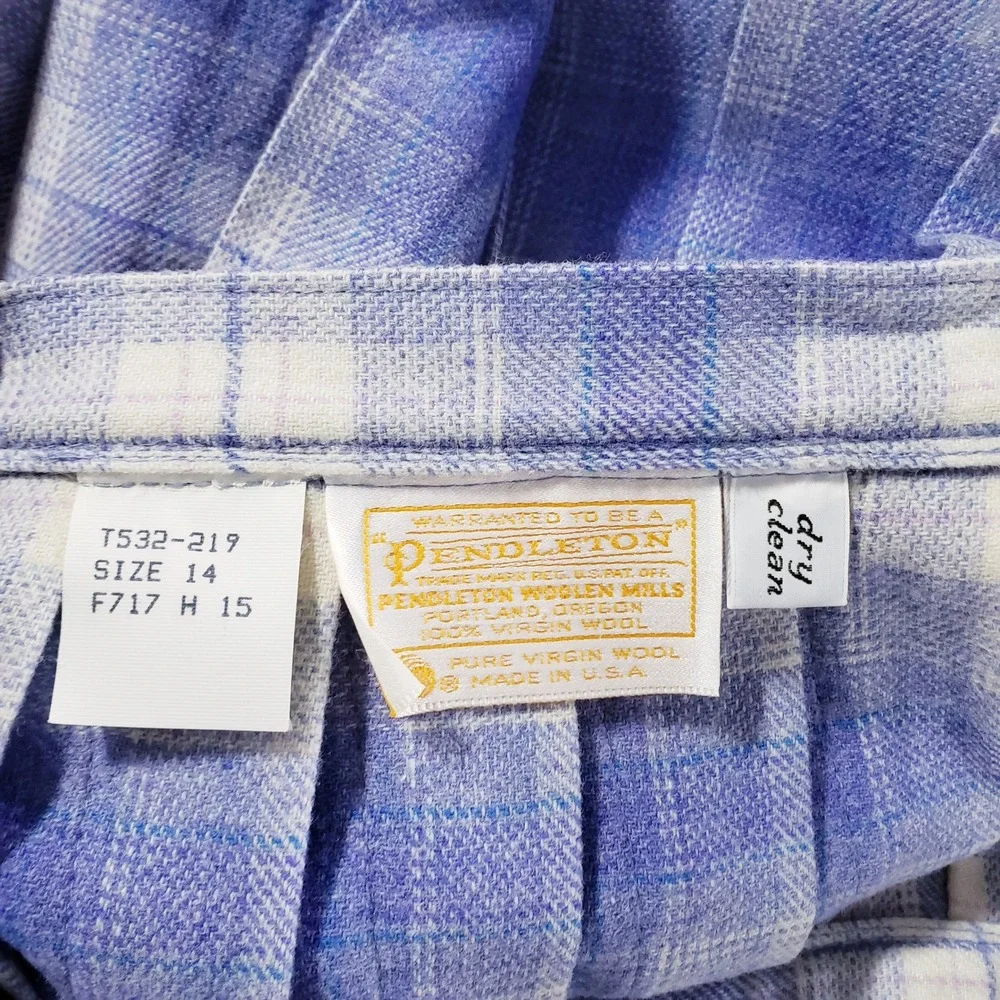 Vintage Pendleton Midi Skirt Periwinkle Blue Plaid Pleated Wool Womens 14